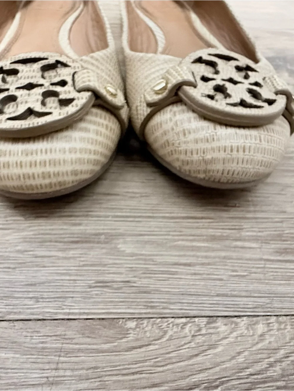 Tory Burch Neutral Beige Woven Logo Ballet Flats